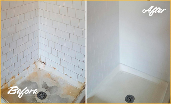Before and After Picture of a Greenwood Village Shower Tile and Grout Cleaned to Remove Soap Scum