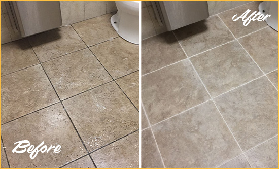 Before and After Picture of a Greenwood Village Restroom Tile and Grout Cleaned to Remove Soil