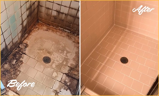 Before and After Picture of a Greenwood Village Shower Tile and Grout Cleaned to Repair Water Damage
