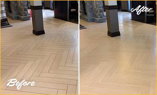 Before and After Picture of a Dirty Greenwood Village Ceramic Office Lobby Sealed For Extra Protection Against Heavy Foot Traffic