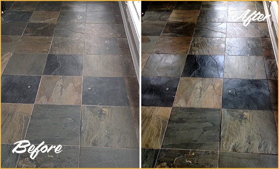 Before and After Picture of a Dull Greenwood Village Slate Floor Sealed to Bring Back Its Colors