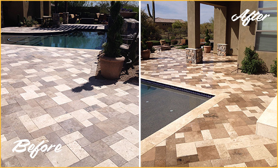 Before and After Picture of a Faded Greenwood Village Travertine Pool Deck Sealed For Extra Protection