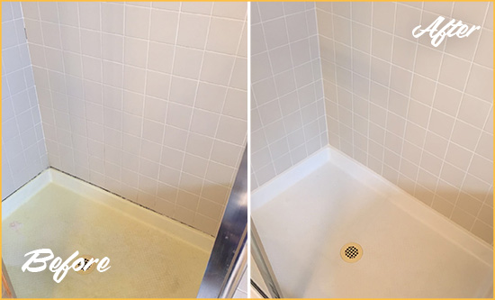 Before and After Picture of a Greenwood Village Shower Sealed to Remove and Protect Against Mold
