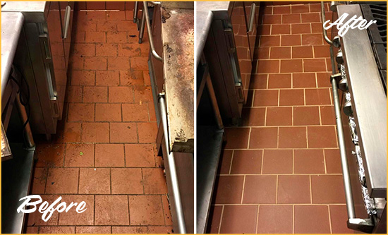 Before and After Picture of a Greenwood Village Restaurant Kitchen Floor Sealed to Remove Soil