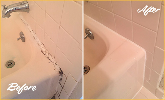Before and After Picture of a Boulder Hard Surface Restoration Service on a Tile Shower to Repair Damaged Caulking