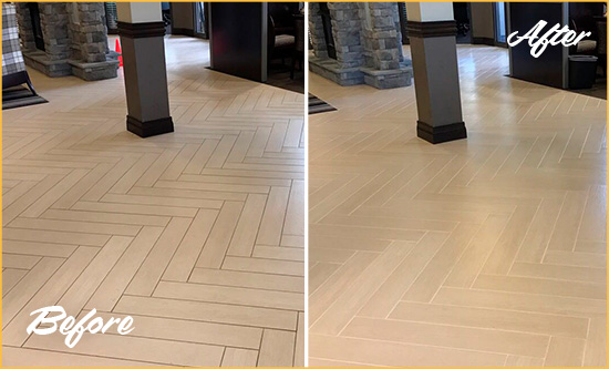 Before and After Picture of a Boulder Hard Surface Restoration Service on an Office Lobby Tile Floor to Remove Embedded Dirt