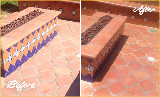 Before and After Picture of a Boulder Hard Surface Restoration Service on a Dull Terracotta Patio Floor to Recover Its Color