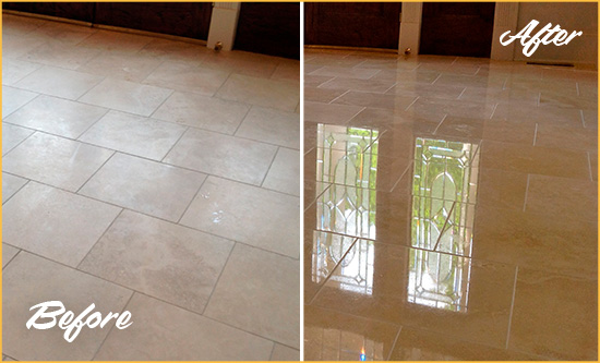 Before and After Picture of a Boulder Hard Surface Restoration Service on a Dull Travertine Floor Polished to Recover Its Splendor
