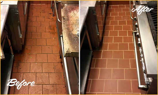 Before and After Picture of a Boulder Hard Surface Restoration Service on a Restaurant Kitchen Floor to Eliminate Soil and Grease Build-Up