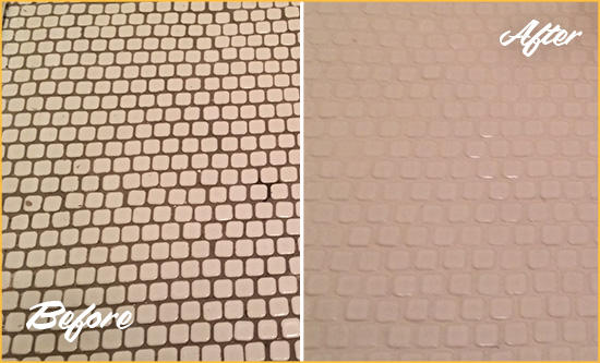 Before and After Picture of a Boulder Hard Surface Restoration Service on a Bathroom Tile Floor Recolored to Fix Grout Color