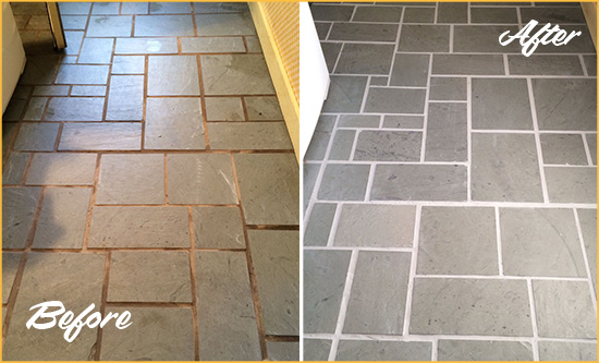 Before and After Picture of Damaged Greenwood Village Slate Floor with Sealed Grout