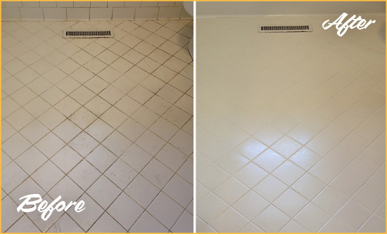 Before and After Picture of a Greenwood Village White Bathroom Floor Grout Sealed for Extra Protection