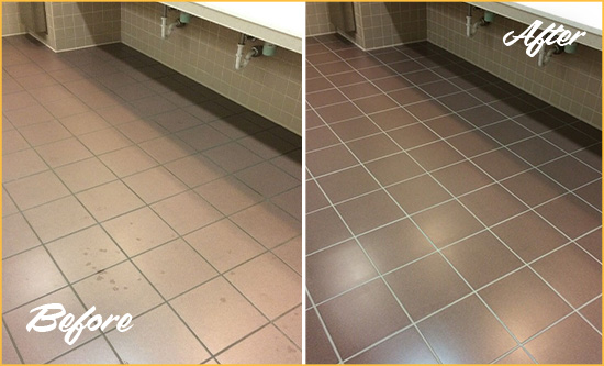 Before and After Picture of Dirty Greenwood Village Office Restroom with Sealed Grout