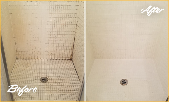 Before and After Picture of a Greenwood Village Bathroom Grout Sealed to Remove Mold