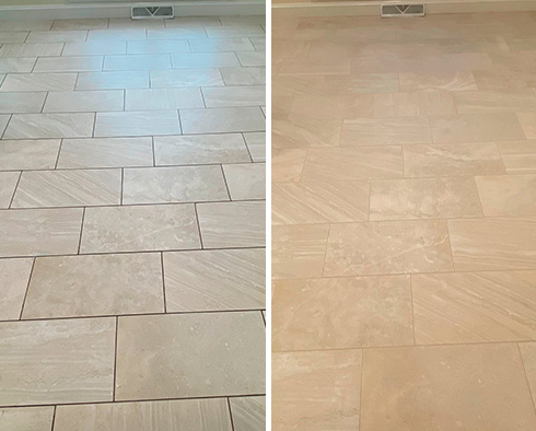 Tile Floor Before and After a Grout Cleaning in Arvada