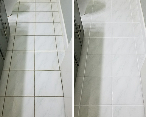 Tile Floor Before and After a Grout Recoloring in Golden