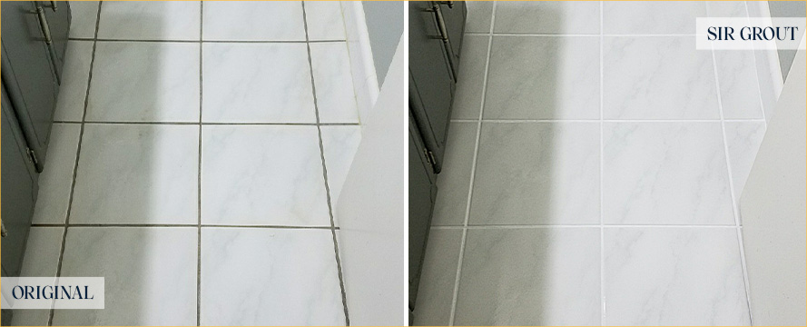 Tile Floor Before and After a Grout Recoloring in Golden