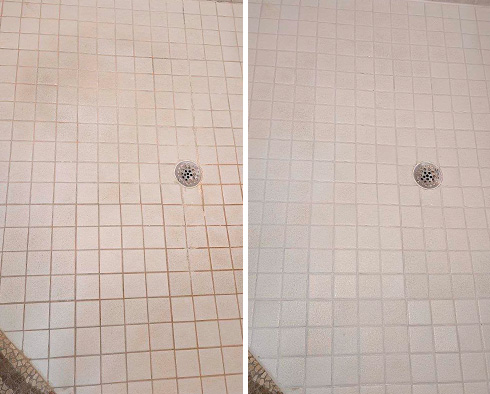 Shower Floor Before and After Our Arvada Grout Sealing Service