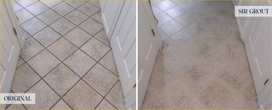 Tile Floor Before and After a Grout Cleaning in Denver