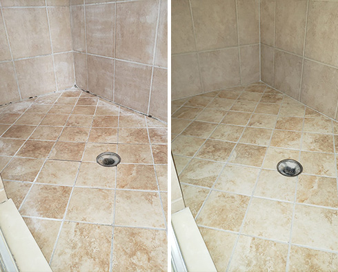 Bathroom Floor Before and After Our Lakewood Tile and Grout Cleaners Job