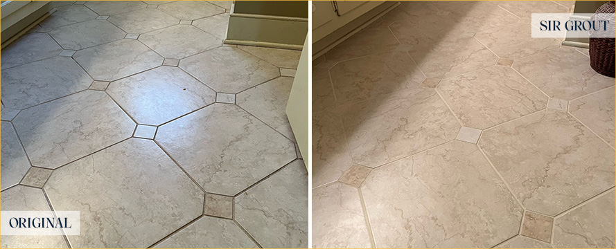 Floor Before and After a Flawless Grout Recoloring in Arvada, CO