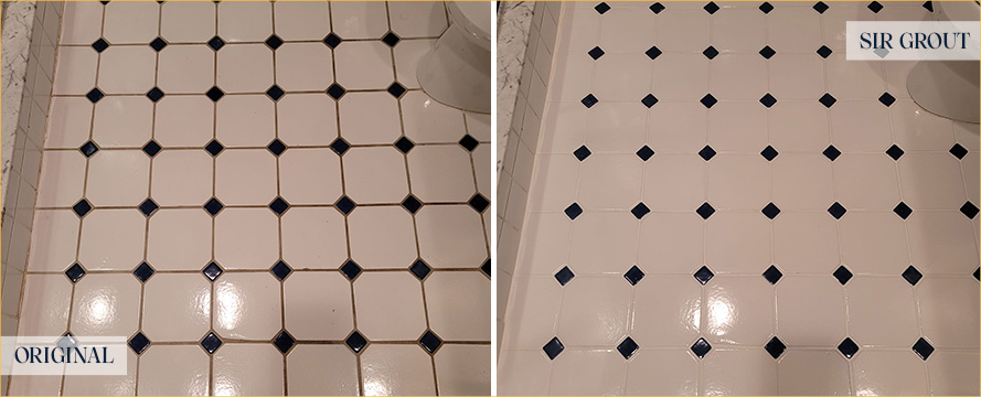 Bathroom Floor Before and After a Grout Cleaning in Edgewater, CO